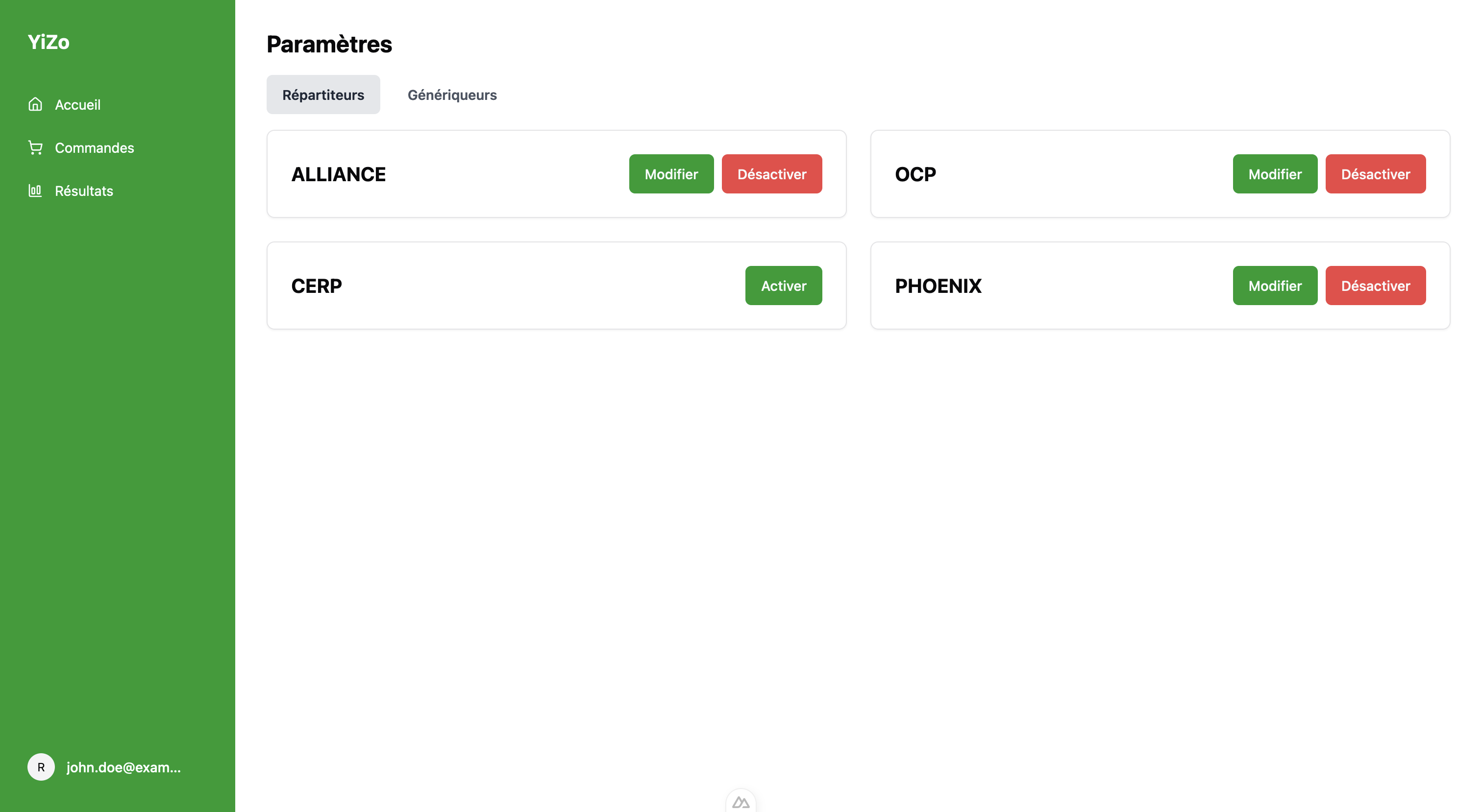 Aperçu de l'application YiZo montrant l'onglet de configuration des répartiteurs