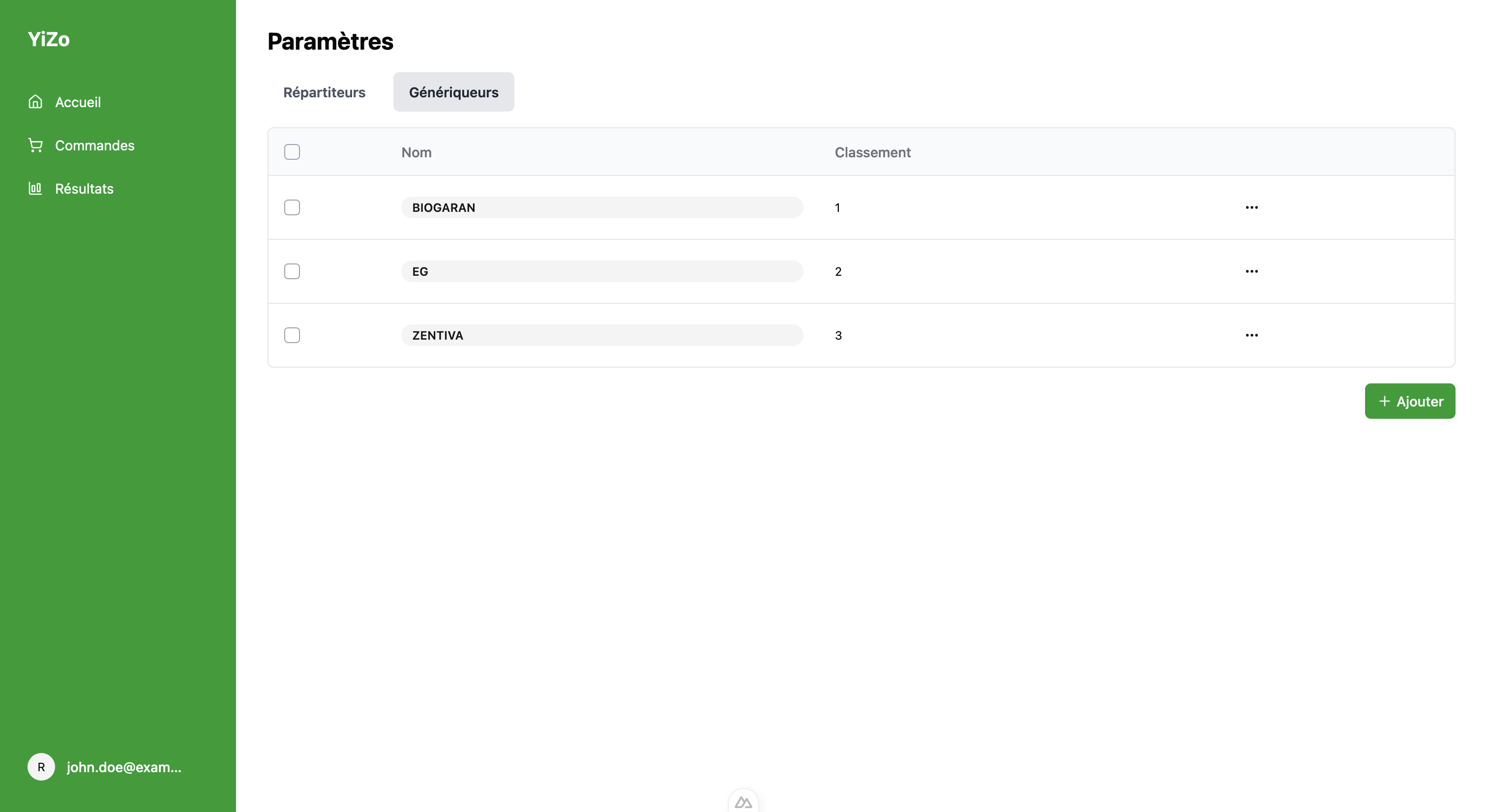 Aperçu de l'application YiZo montrant l'onglet de configuration des génériqueurs préférentiels